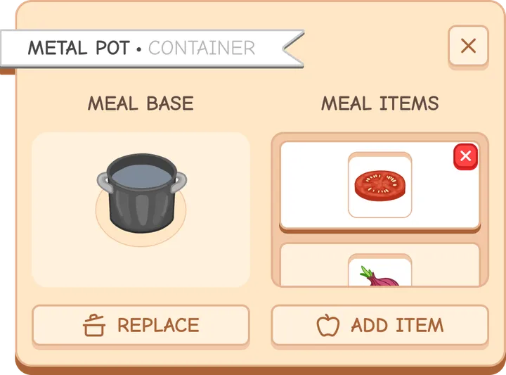 Hi-fi: container editor, a base and its meal items