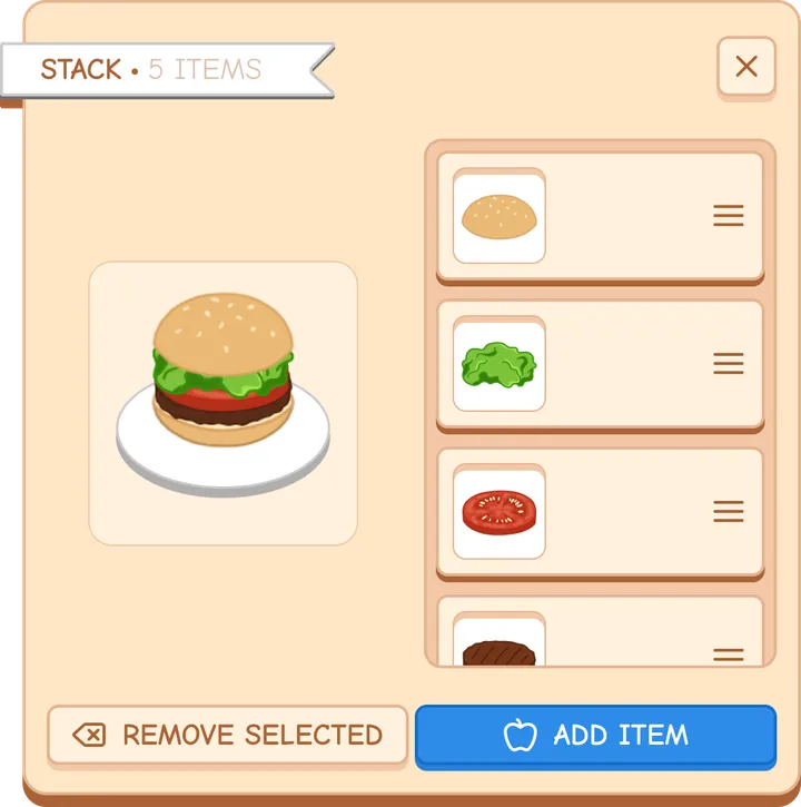 A food stack, built from ordered dishes